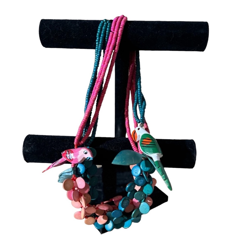 Pair Wooden jungle parrot necklace Vintage kitschy whimsical necklace lot bird